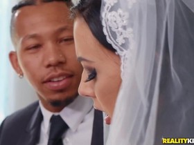 Shameless bride rubs her clit during interracial anal